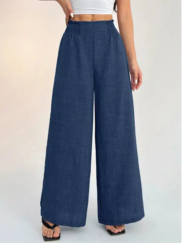 Wide Leg Elastic Waist Smocked Waist Casual Pants