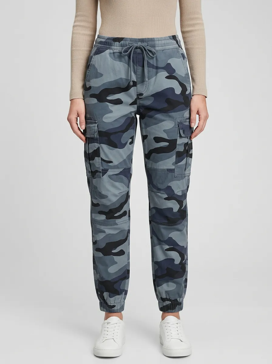 Women's Camouflage Mid-Rise Elastic-Waist Drawstring Button-Flap Pocket Reinforced-Knee Cargo Joggers