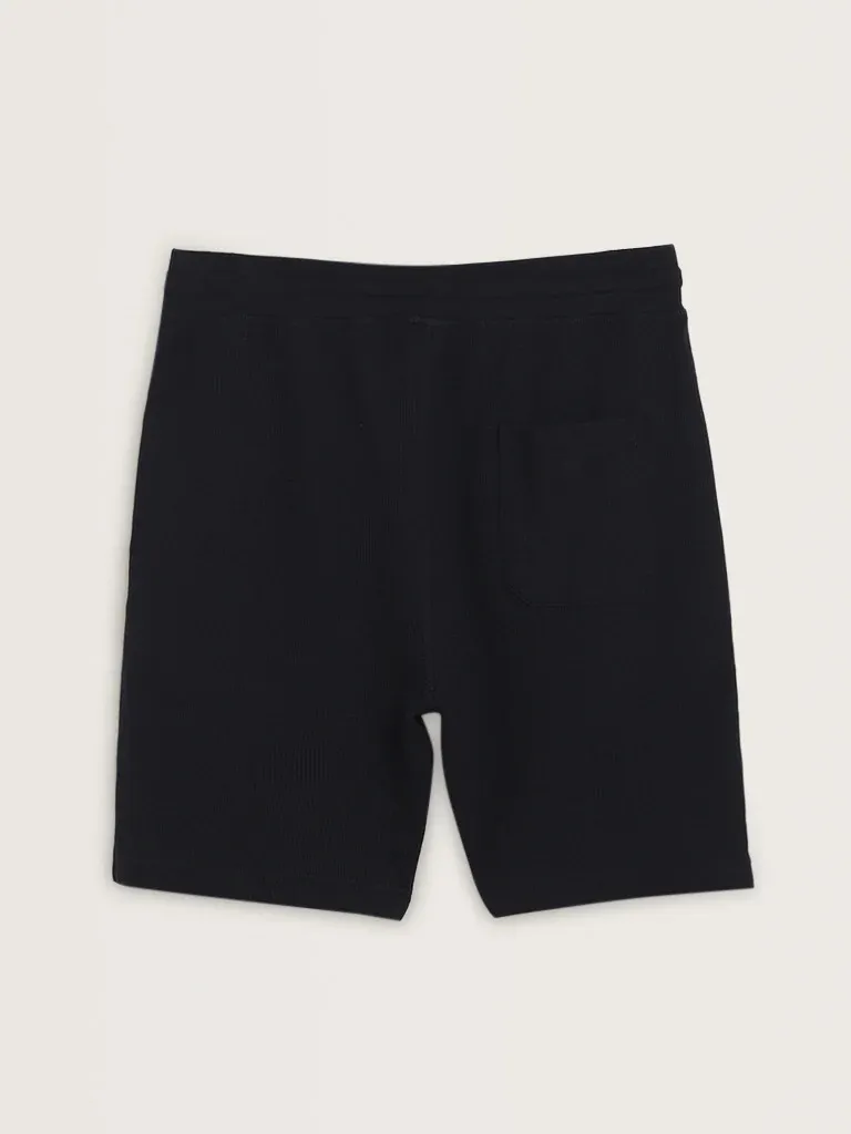 Navy Self-Textured Cotton-Blend Loose Shorts