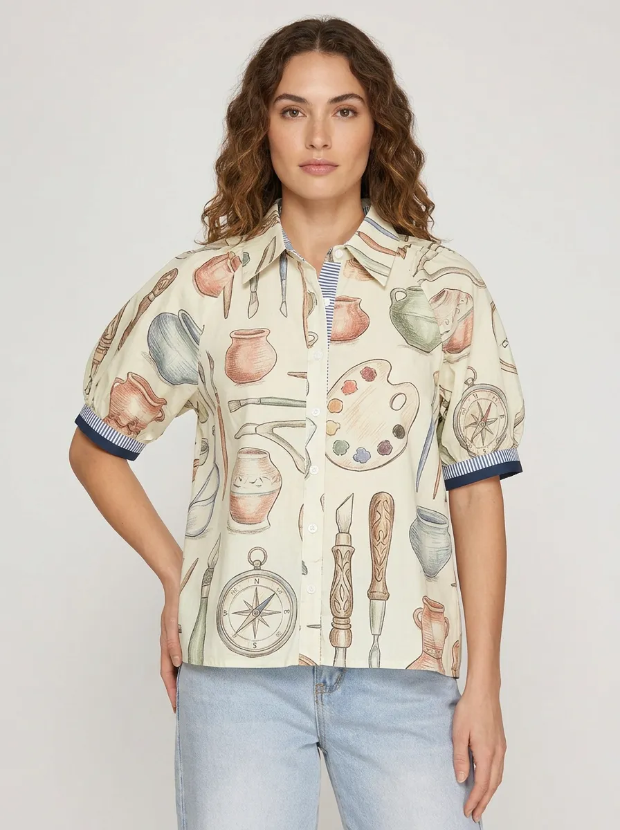 Women's Artist Hobby Pottery Compass Printed Shirt