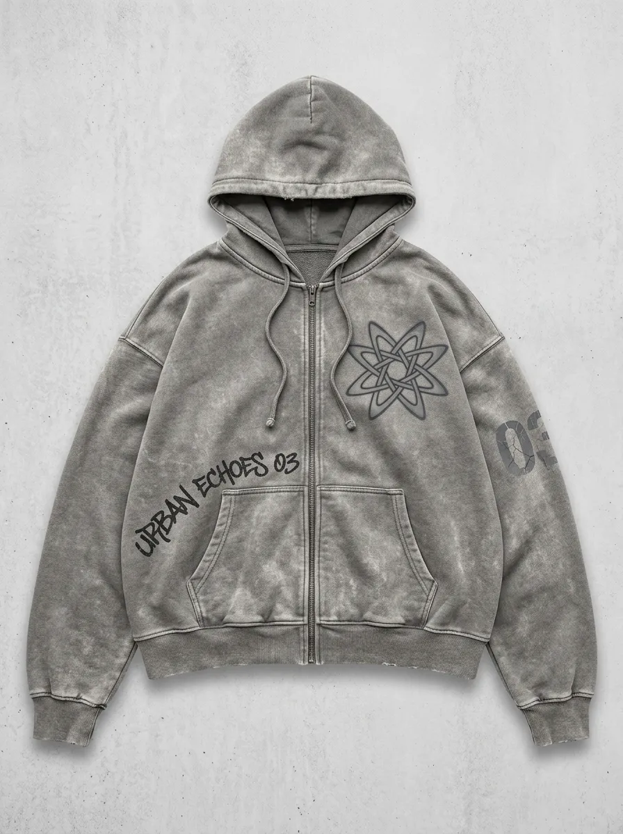 Unisex Streetwear Urban Echoes 03 Star Graphic Printed Zip-up Hoodie