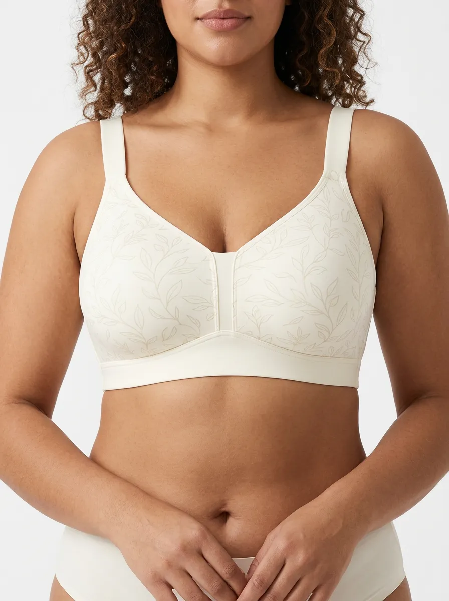 Women's Plus Size Off-White Leaf Full-Coverage V-Neck Wireless Bra