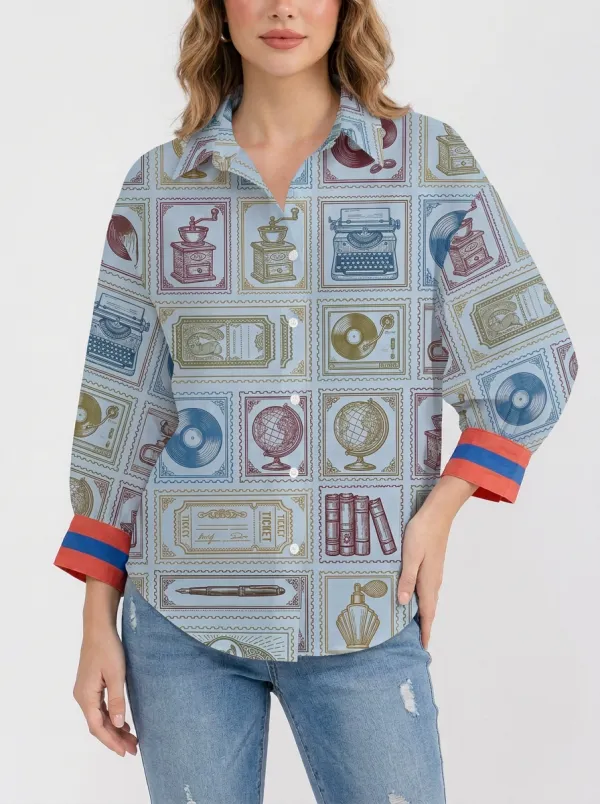 Women's Vintage Collector Stamp Pattern Printed Button-up Shirt