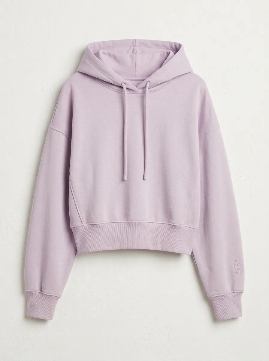 Women's Minimalist Beige Leaf Embroidered Cropped Hoodie