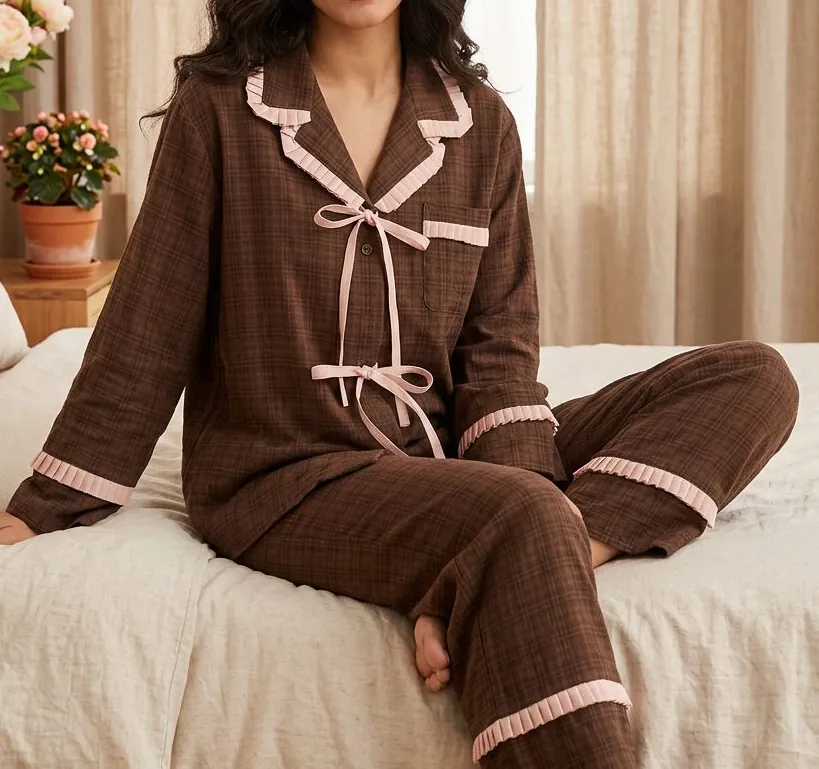 Plaid Pajama Set with Contrast Ruffle Trims