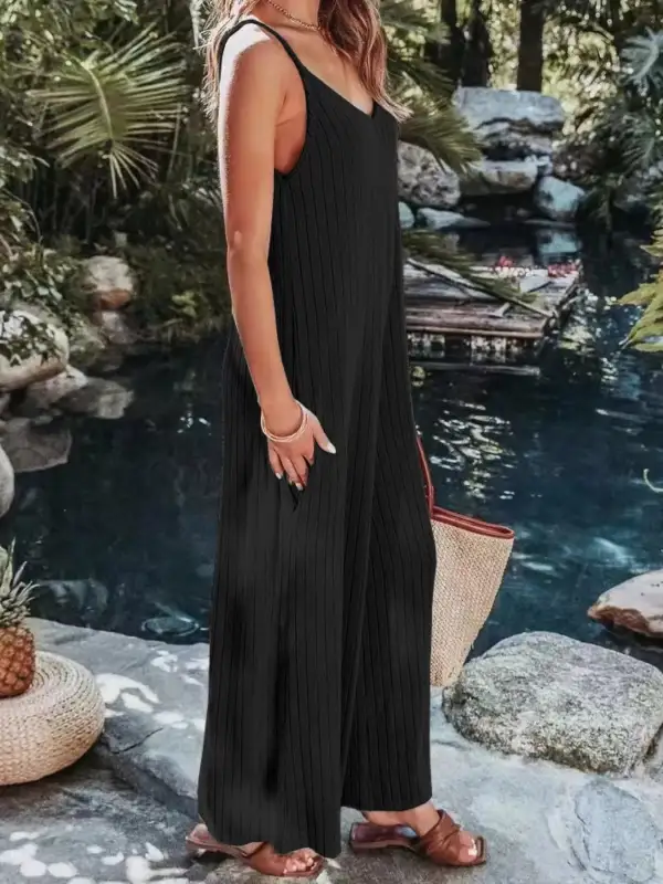 Ribbed V Neck Wide Leg Jumpsuit