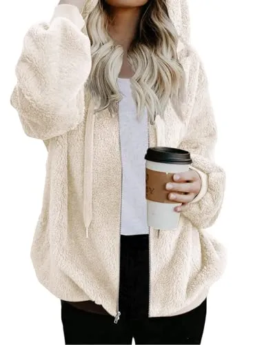 Womens Full Zip Up Sherpa Hoodie Fuzzy Fleece Jacket Oversized Fluffy Coat with Pockets