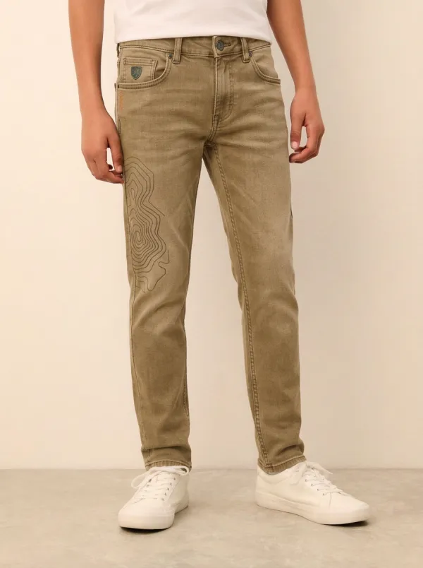 Men's Charcoal Grey Topographic Map Pattern Stretch Jeans