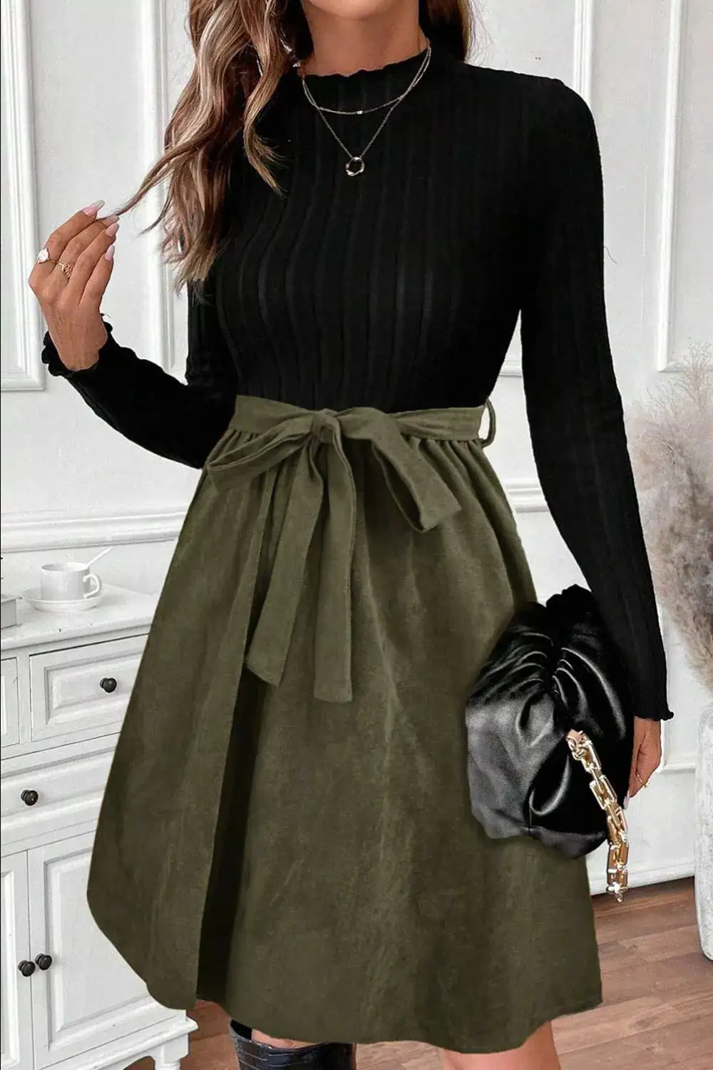 Ribbed Tie Waist Dress Casual