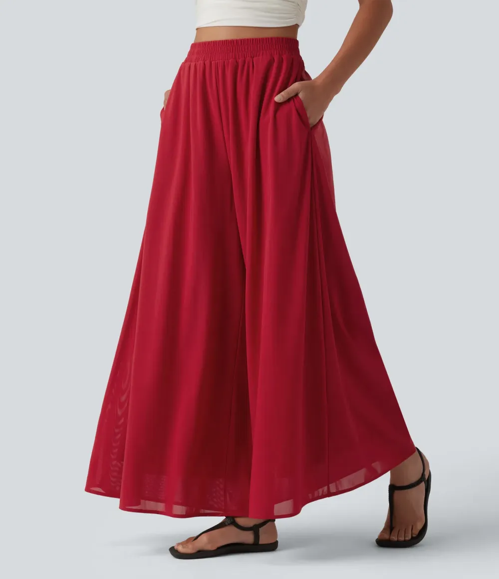 High Waisted Pocket Mesh Overlay Wide Leg Casual Pants