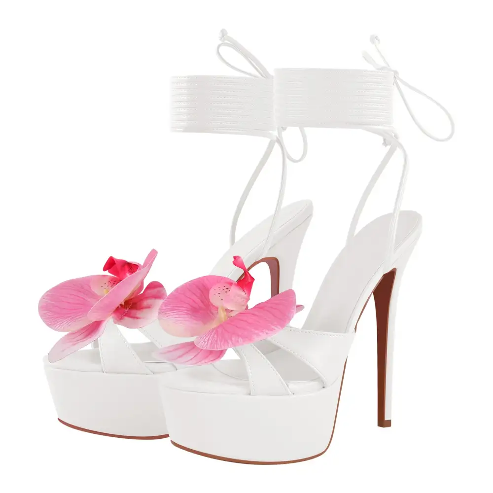 Round Toe Flower Platform Lace Up Stiletto Sandals