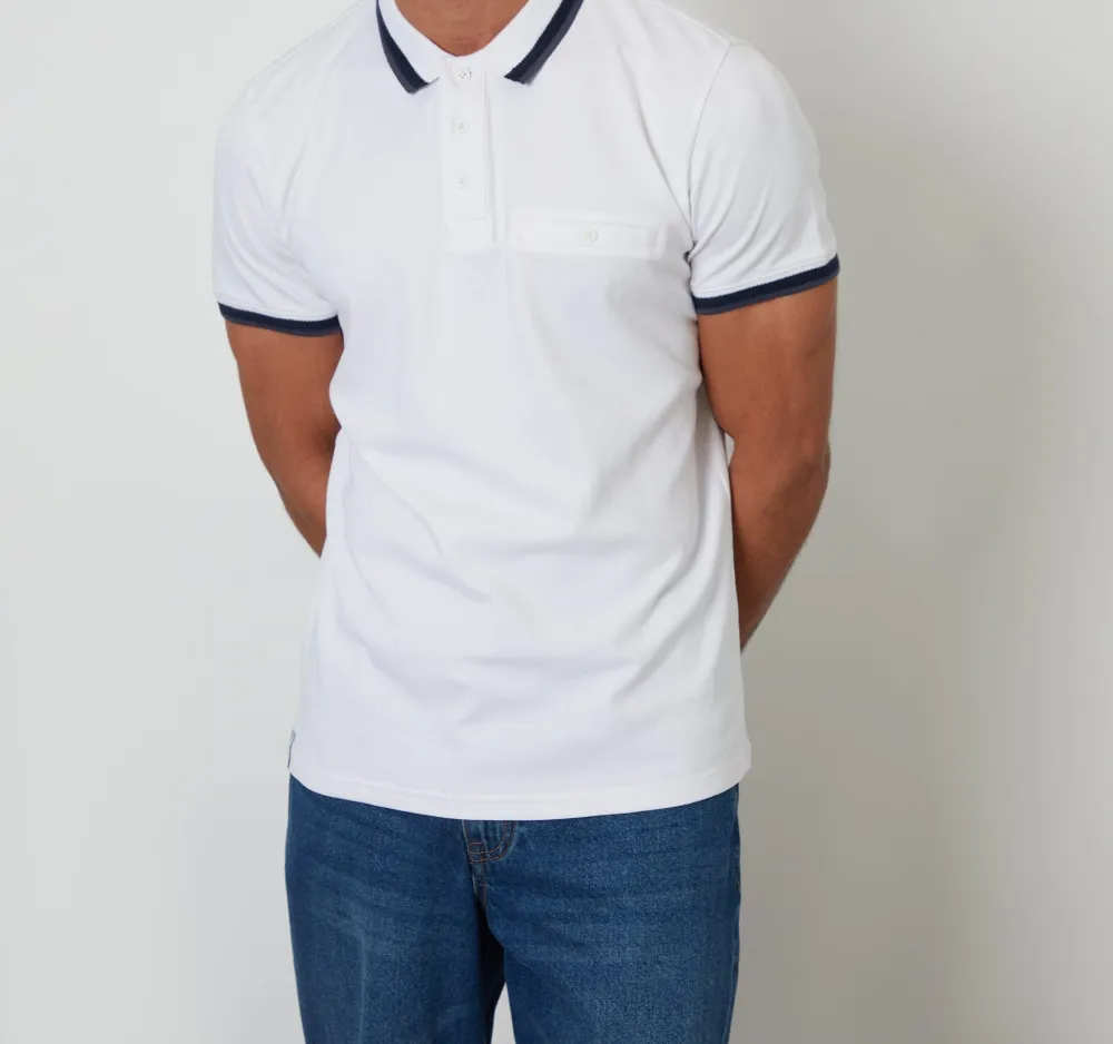 Men's White Chest Pocket Cotton Interlock Polo Shirt