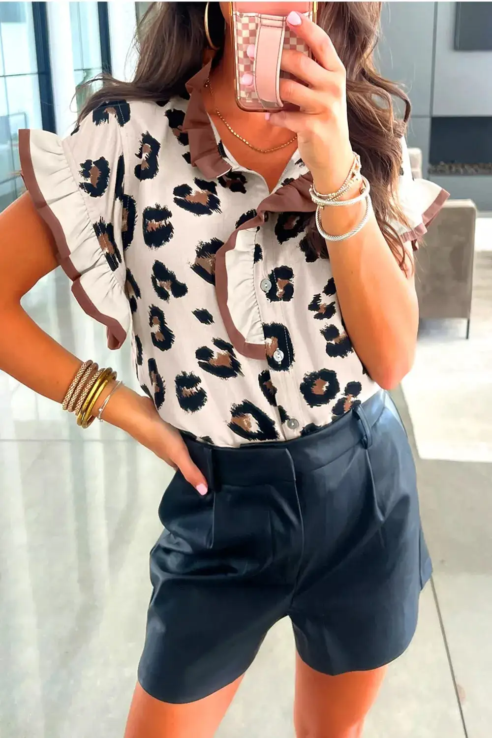 Leopard Printed Ruffle Sleeve Blouse