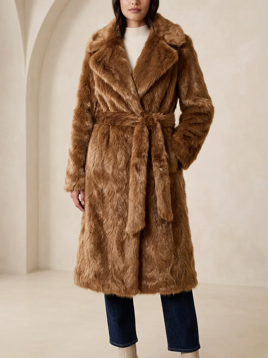 Notched Lapel Faux Fur Belted Coat