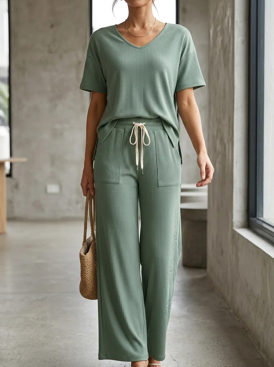 Women's Casual Floral Patterned Ribbed V-Neck Wide Leg Pants Set