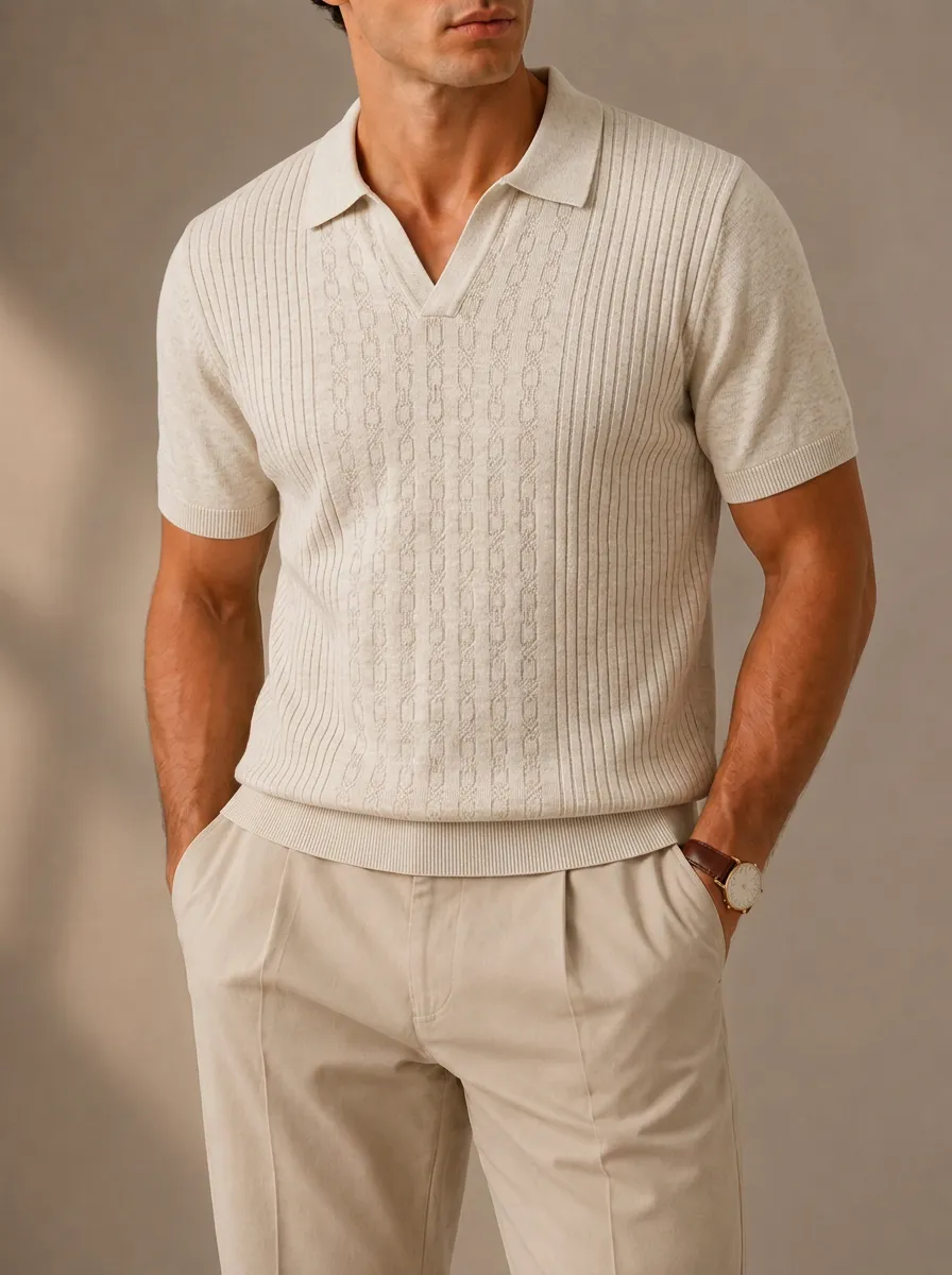 Men's Casual Minimalist Beige Ribbed Knit V-Neck Polo Shirt