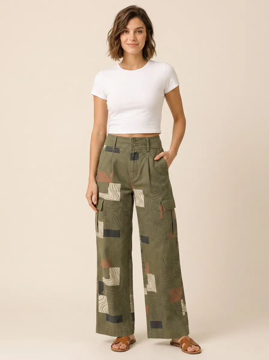 Women's Casual Outdoor Topographic Patchwork Printed Cargo Set