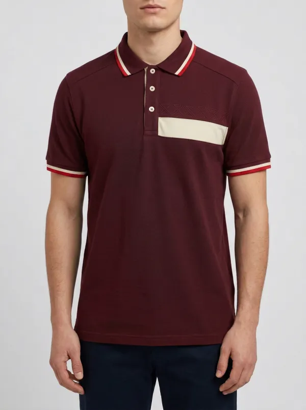 Men's Navy Blue Colorblock Striped Trim Printed Polo Shirt