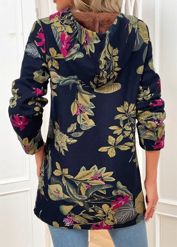 Navy Pocket Floral Print Long Sleeve Hooded Coat