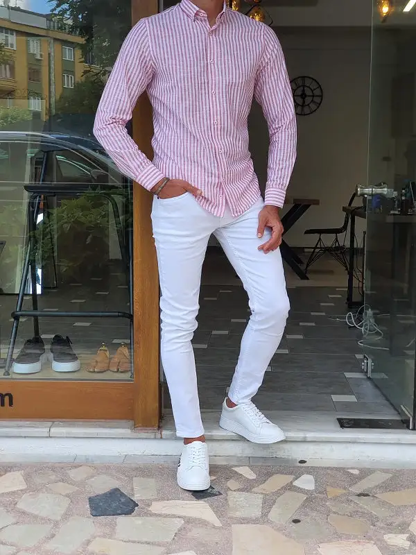 Casual Long Sleeve Slim Fit Striped Cotton Casual Shirt