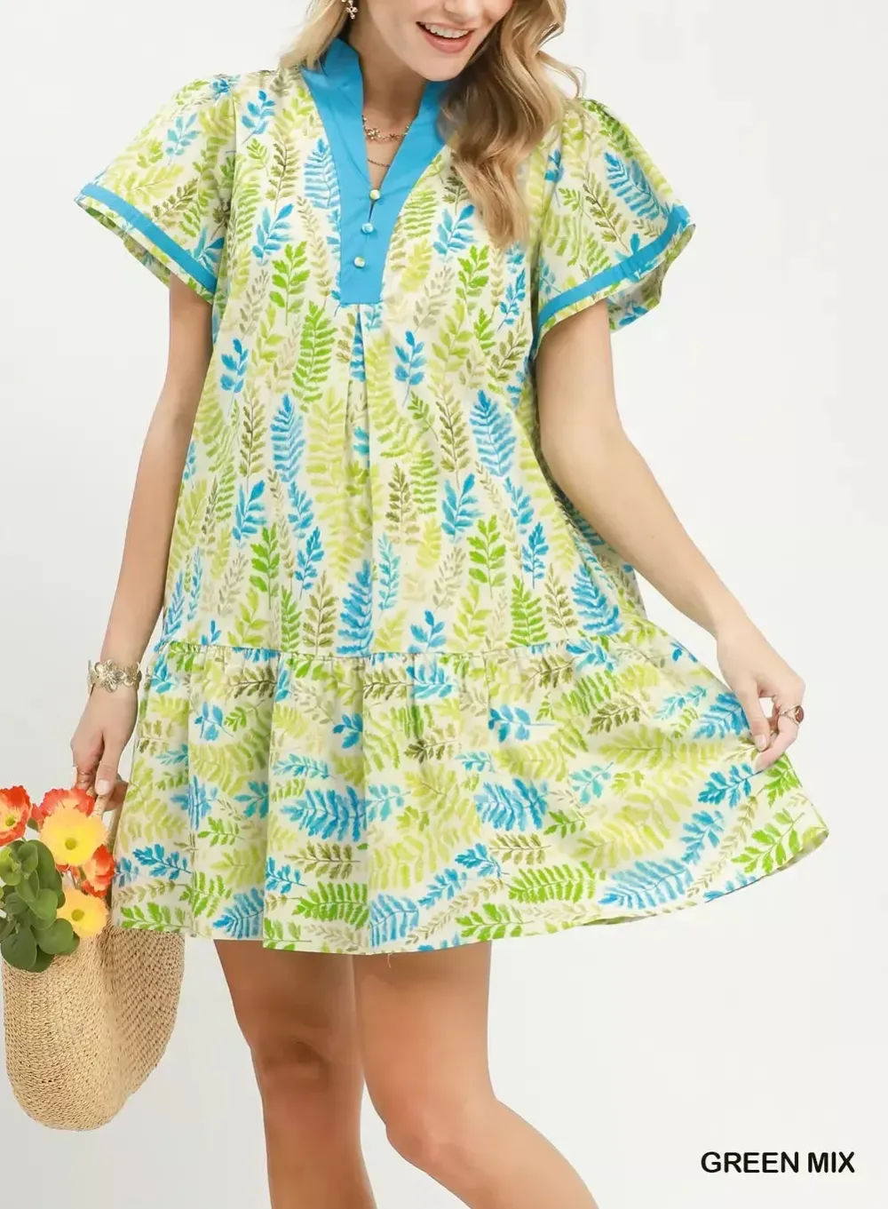 Leaf Print Flutter Sleeve Tiered Mini Dress