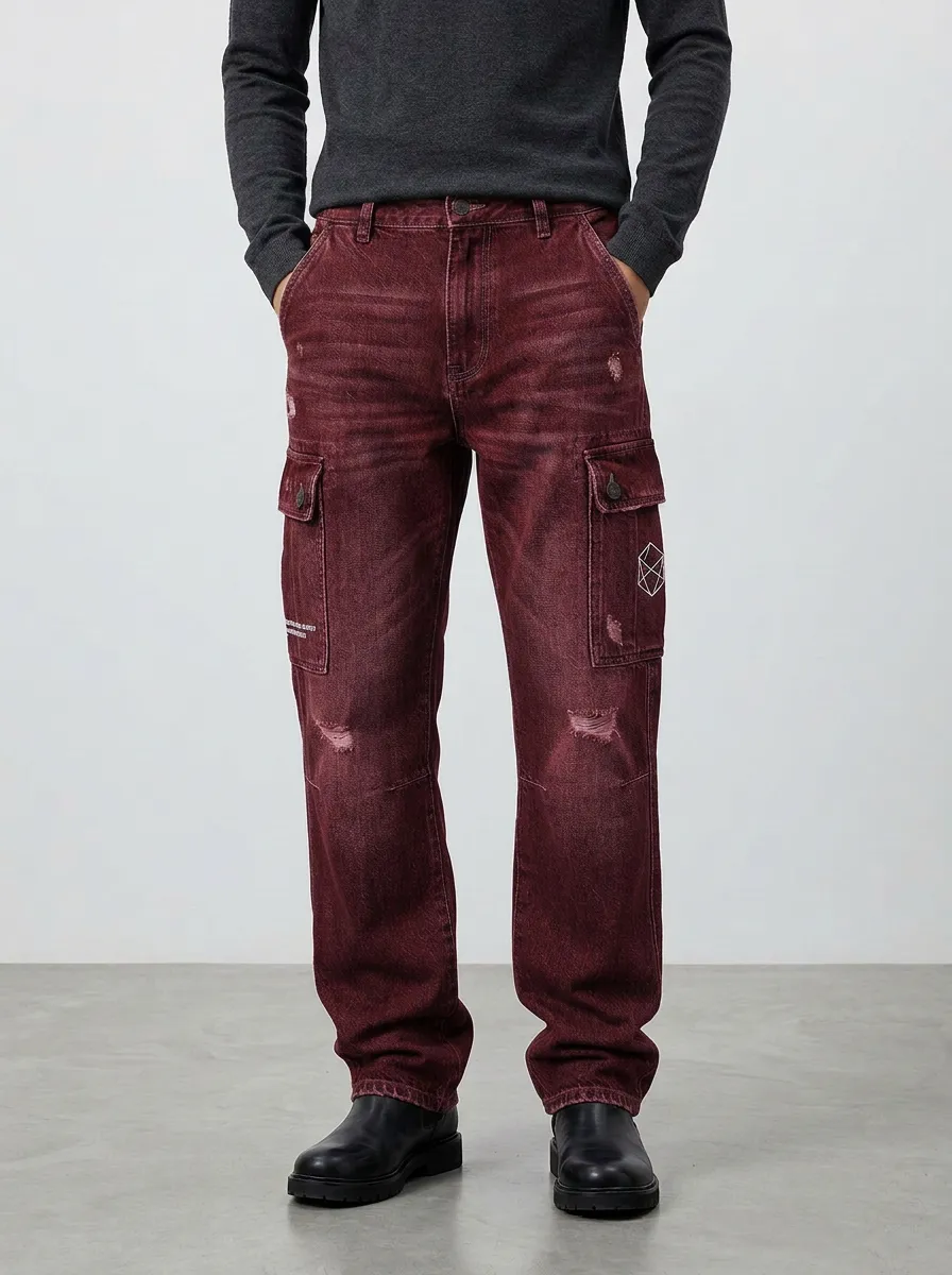 Men's Geometric Graphic Distressed Denim Cargo Jeans