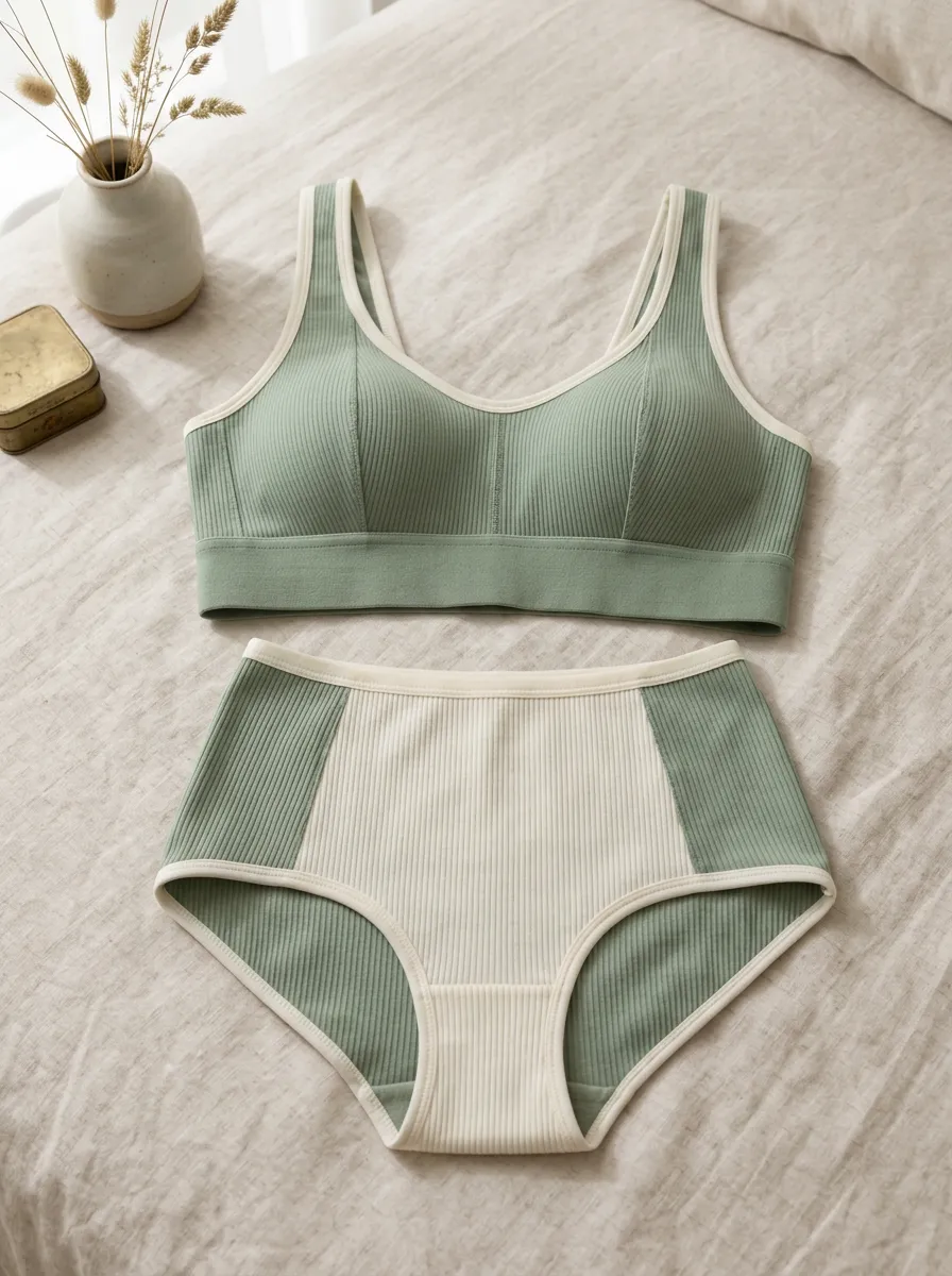 Women's Ribbed Contrast Trim And Full Coverage Panel Detail Lingerie Set
