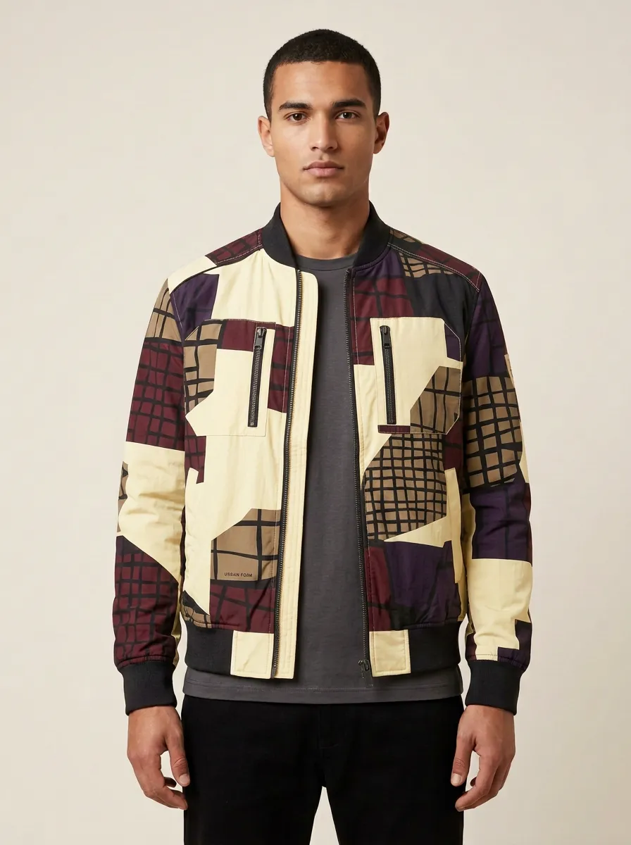 Patchwork Print Zippered Chest Pockets Bomber Jacket