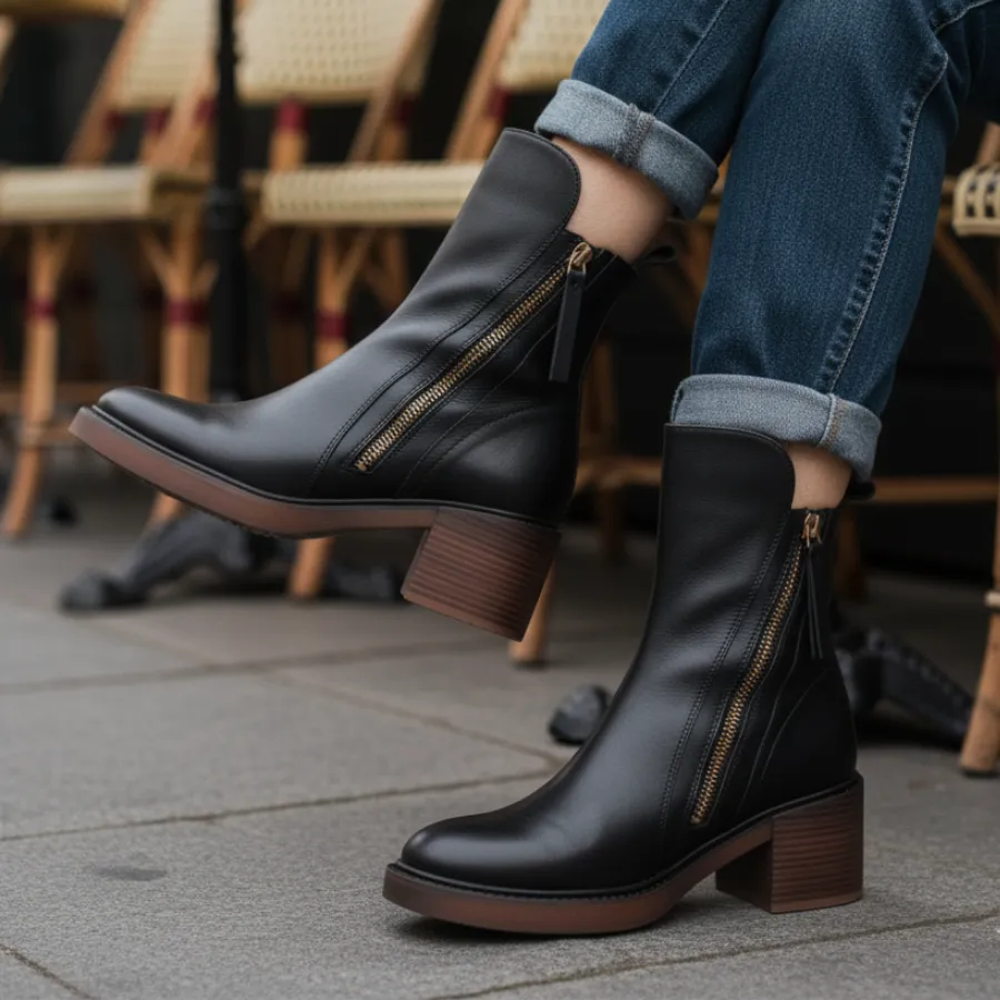 Leather Ankle Boots Side Zip Block Heel