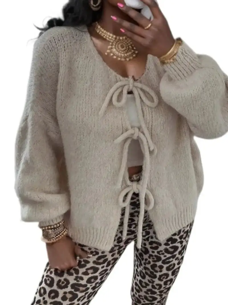 Soft Knit Tie Front Cardigan Balloon Sleeve Bow Detail