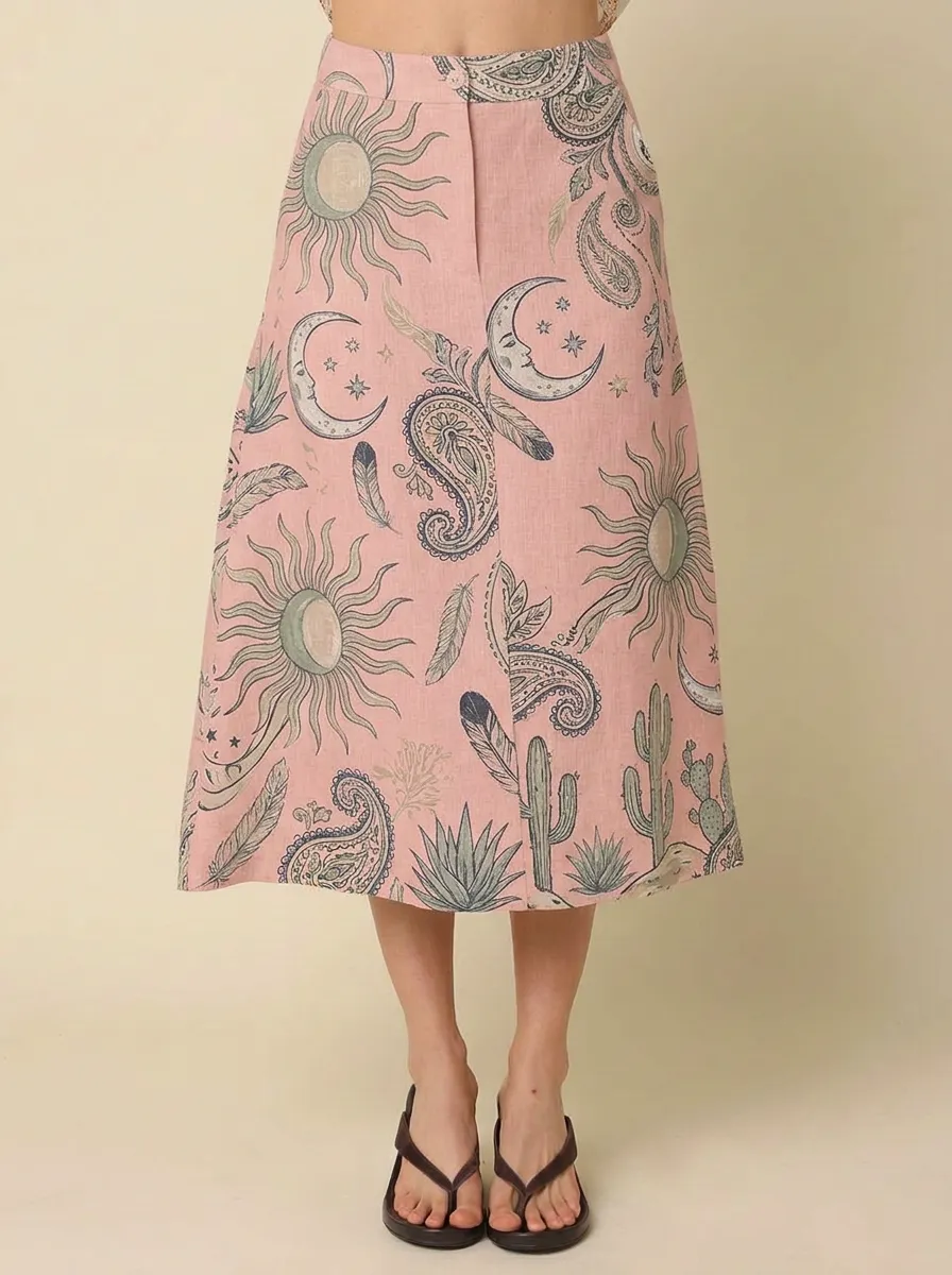 Women's Boho Celestial Cactus Paisley Printed Skirt