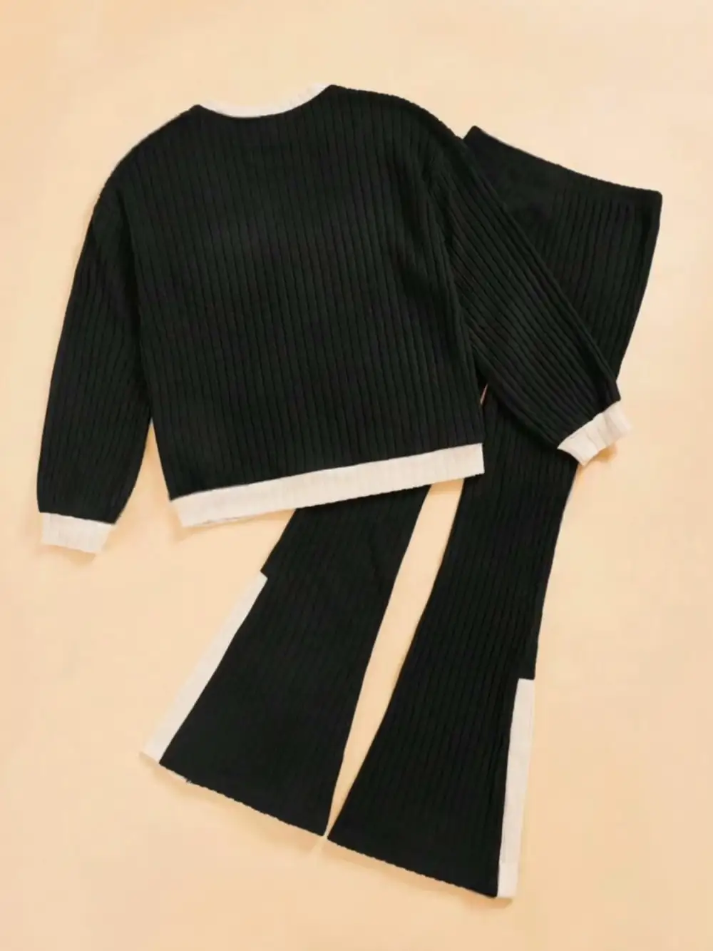 Contrast Round Neck Long Sleeve Top And Bootcut Pants Set