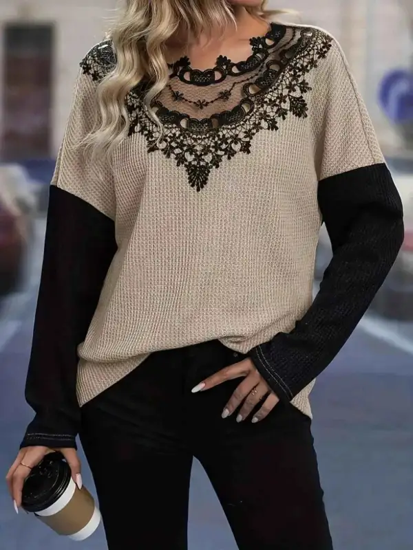 Lace Detail Block Long Sleeve T-Shirt