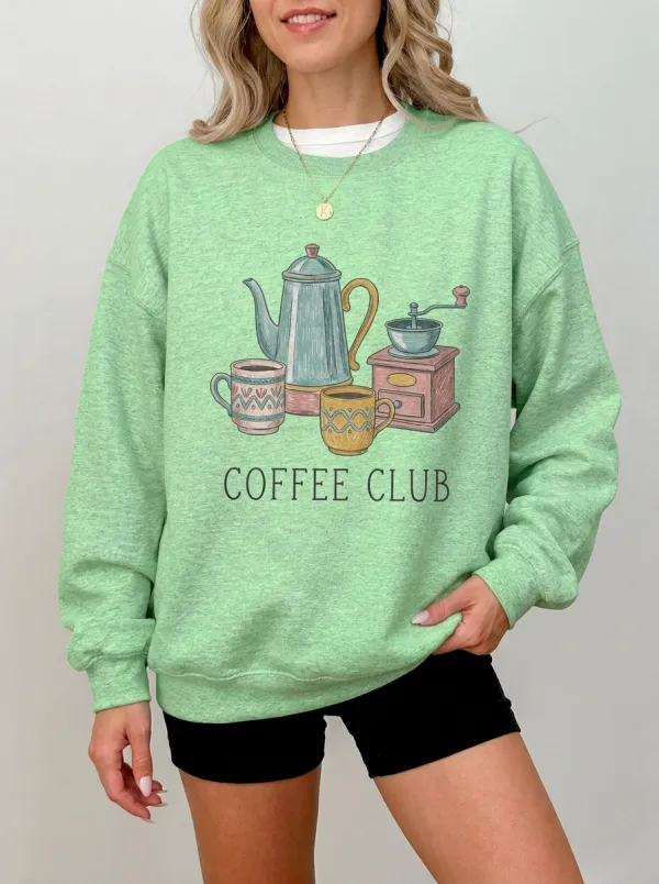 Women's Coffee-Inspired Coffee Club Pot and Grinder Printed Sweatshirt