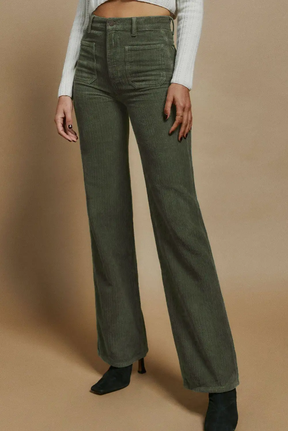 High Waist Square Pockets Corduroy Trousers
