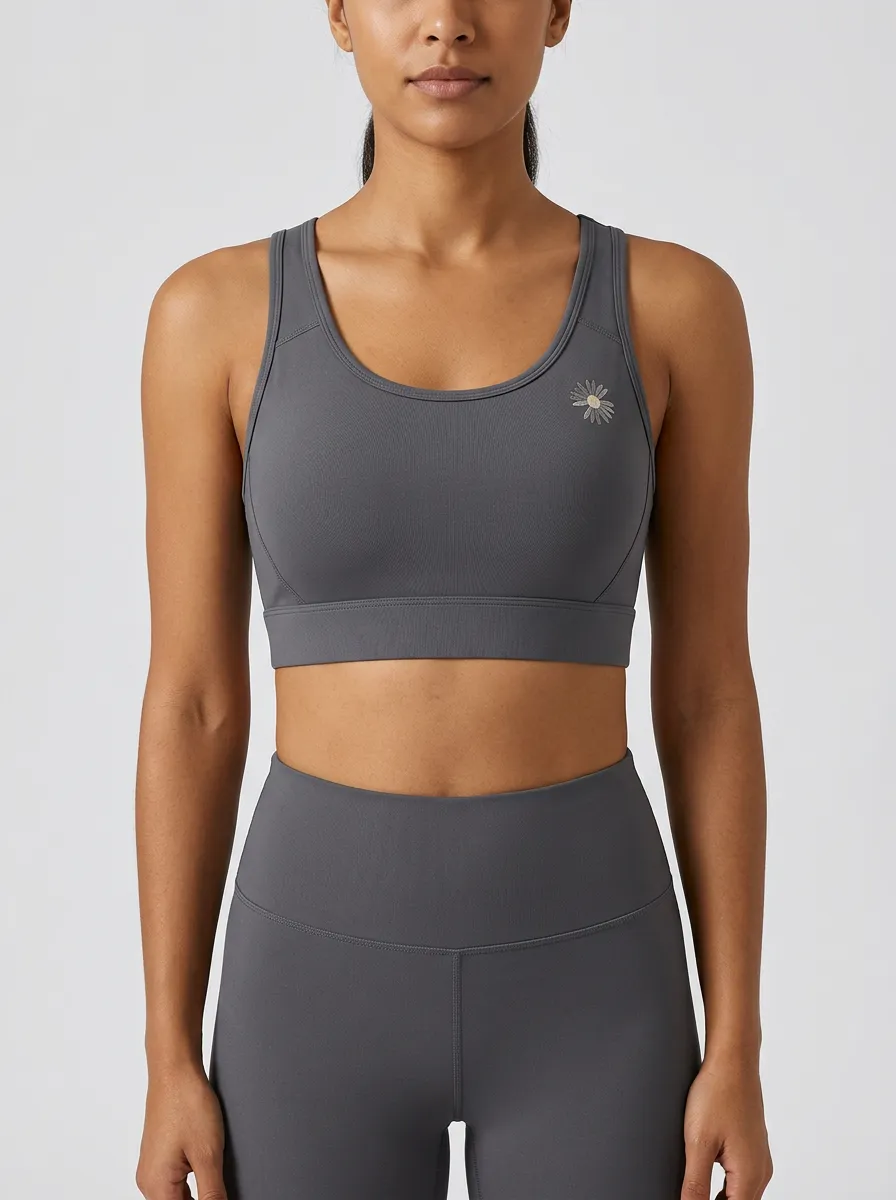 Women's Daisy-Graphic Scoop-Neck Racerback Left-Chest Paneled Sports Bra