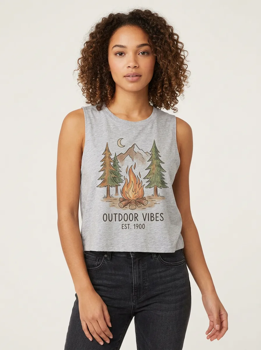 Women's Camping Mountain Campfire Graphic Crop Tank Top