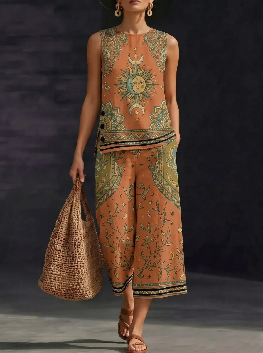 Women's Boho Celestial Sun Moon Printed Sleeveless Set
