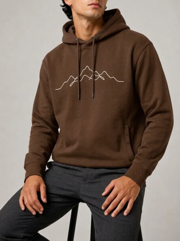 Men's Mountain Line Art Graphic Pullover Ribbed-Cuff Metal-Aglet Drawcord Kangaroo-Pocket Hoodie