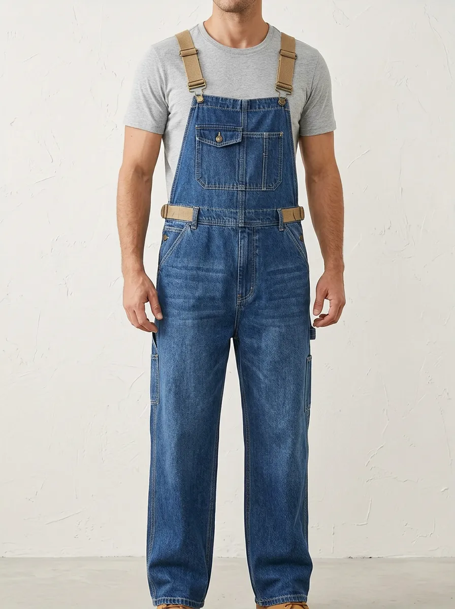 Men's Casual Workwear Blue Denim Bib Overalls