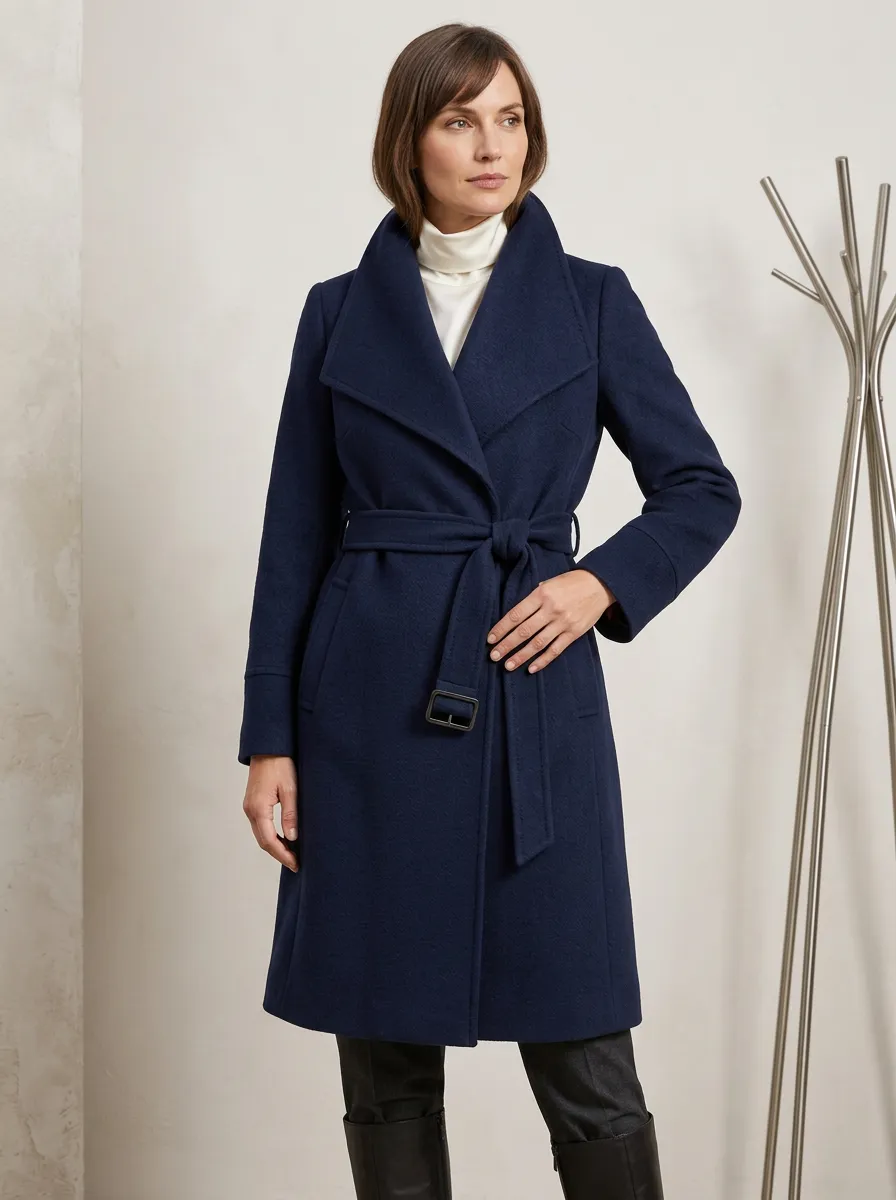 Women's Navy Blue Shawl Collar Belted Wool Blend Overcoat