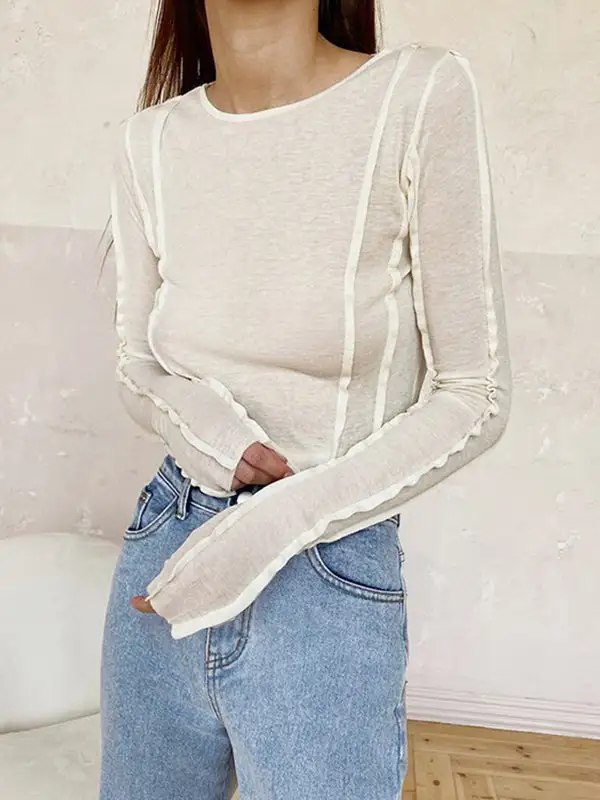 Long Sleeve Slim Fit Pleat Detail Round Neck Cotton T-Shirt