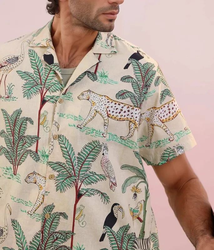 Beige Jungle Print Mulmul Cotton Camp Collar Shirt