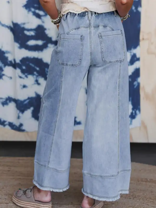 Wide Leg Raw Hem Drawstring Denim Jeans