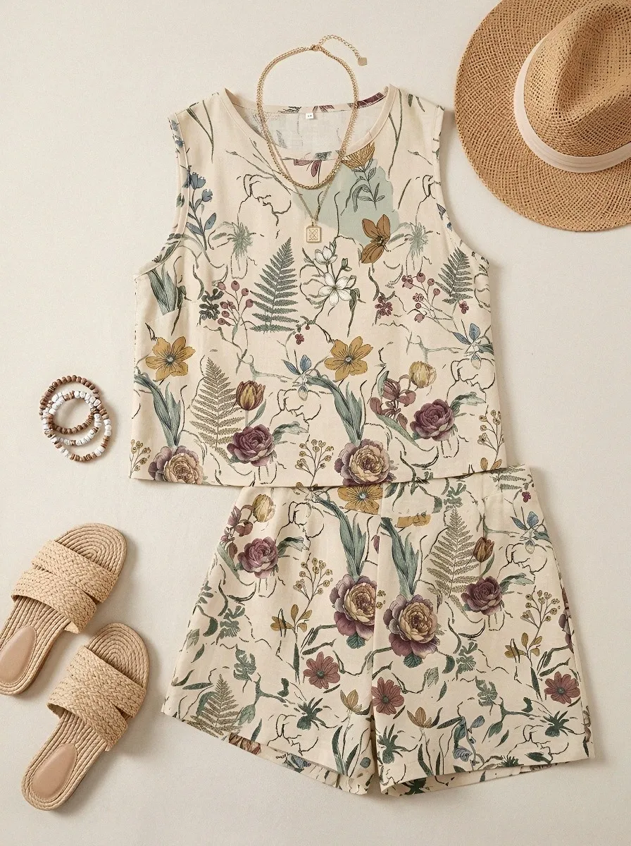 Women's Botanical Garden Floral Printed Sleeveless Shorts Set