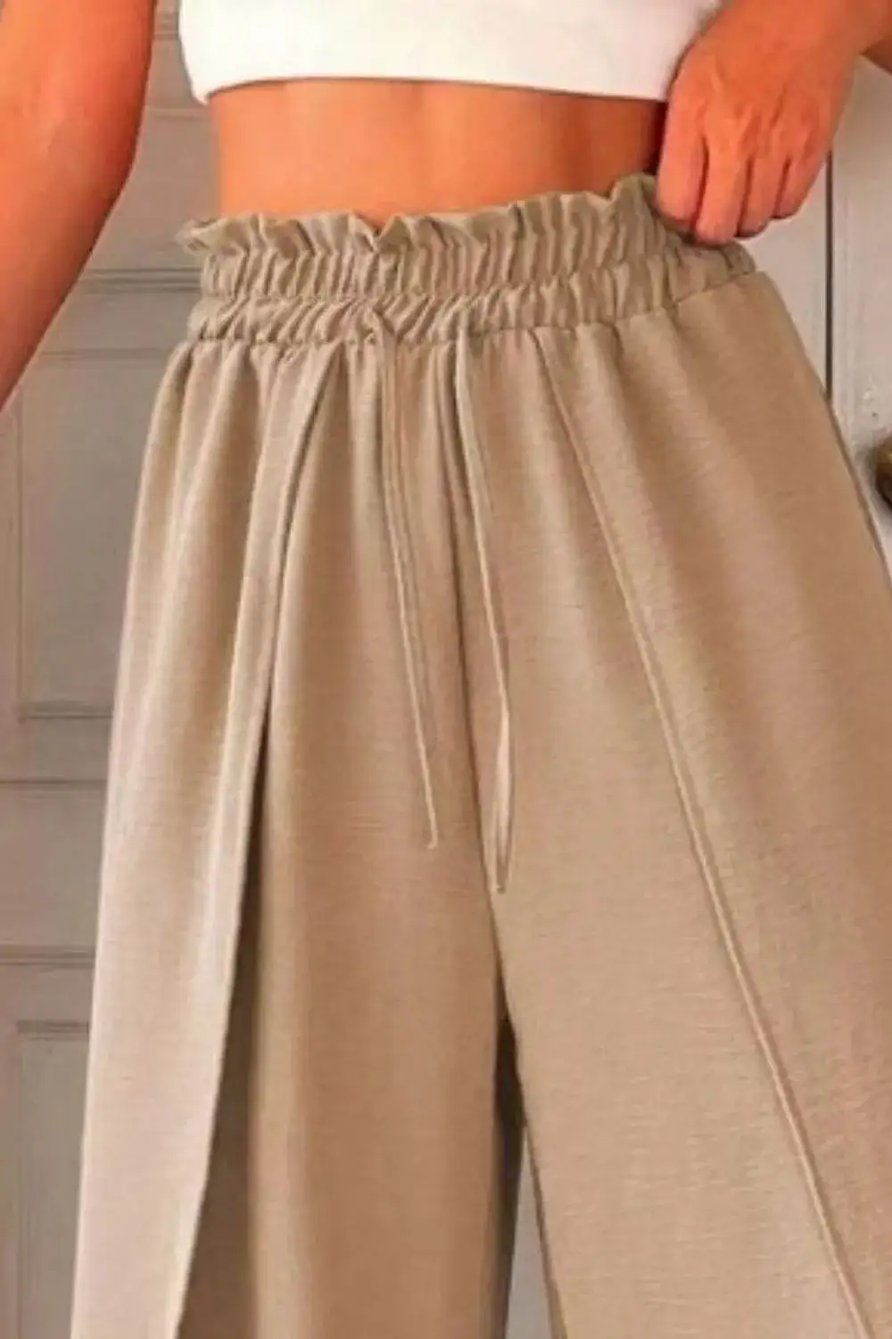 Wide Leg Slit Detail Ruffle Detail Everyday Pants