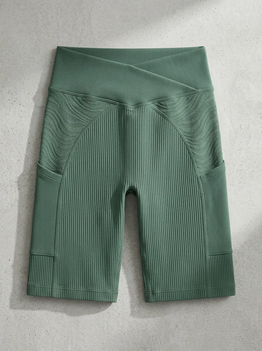 Women's Yoga Fitness Cross-Waist Ribbed Textured Biker Shorts