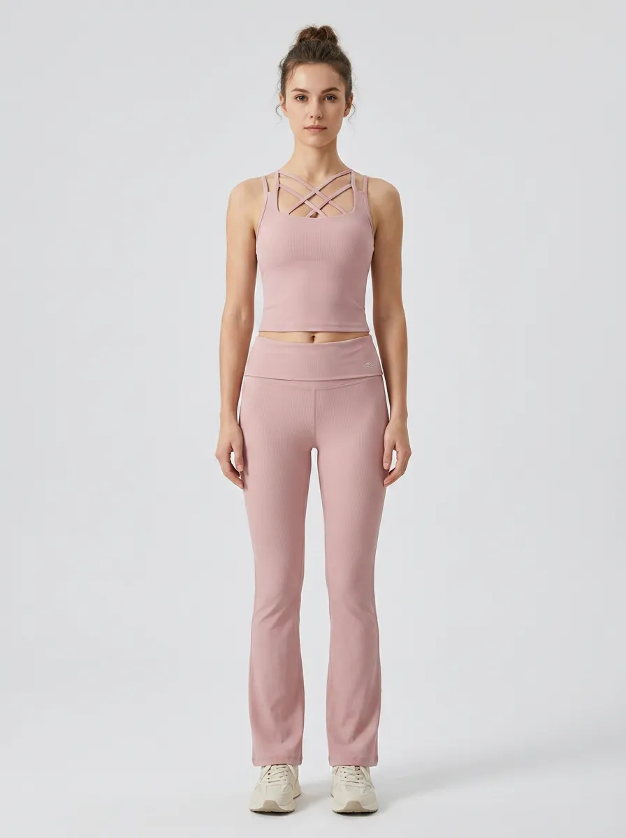 Women's Yoga Fitness Pink Crisscross Ribbed Workout Set