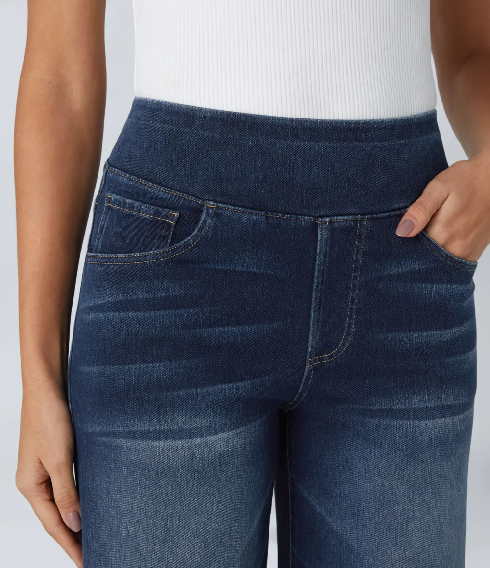 Magic High Waisted Multiple Pockets Wide Leg Washed Stretchy Knit Casual Jeans