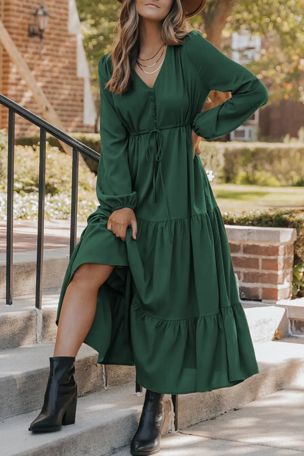 Blackish Solid Long Sleeve Button V Neck Tiered Maxi